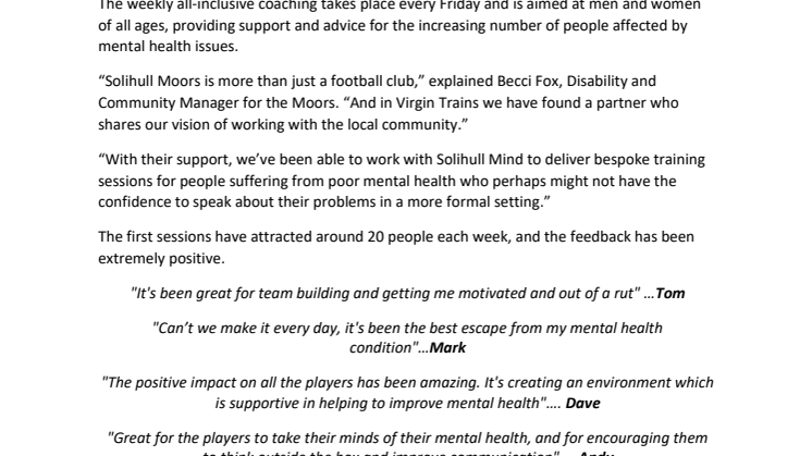 Virgin Trains partner with Solihull Moors FC and Solihull Mind to deliver mental health support sessions