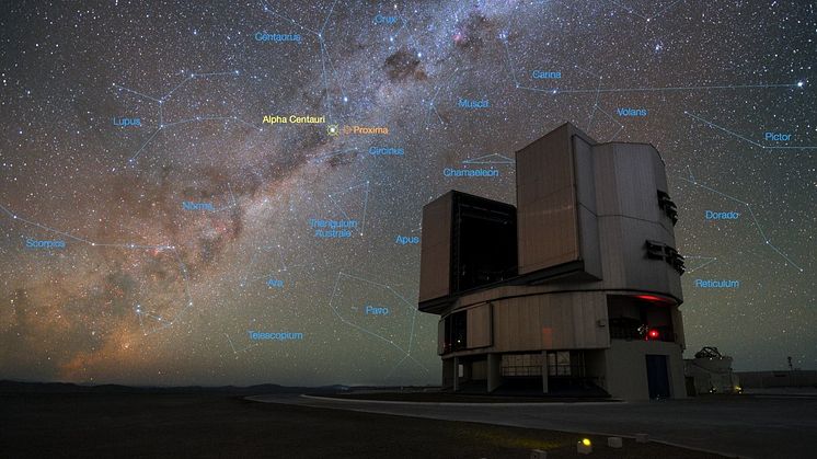 Very Large Telescope (VLT) vid Paranal Observatory i Chiles Atacamaöknen. VLT:s instrumentering har anpassats med bland annat en diamantkoronagraf för att kunna söka efter planeter i trippelstjärnsystemet Alfa Centauri. Foto: Yurij Beletsky(LCO)/ESO