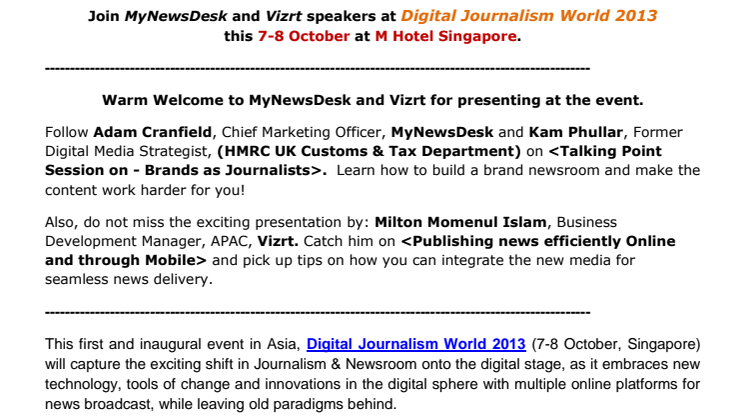 Join MyNewsDesk and Vizrt speakers at Digital Journalism World 2013