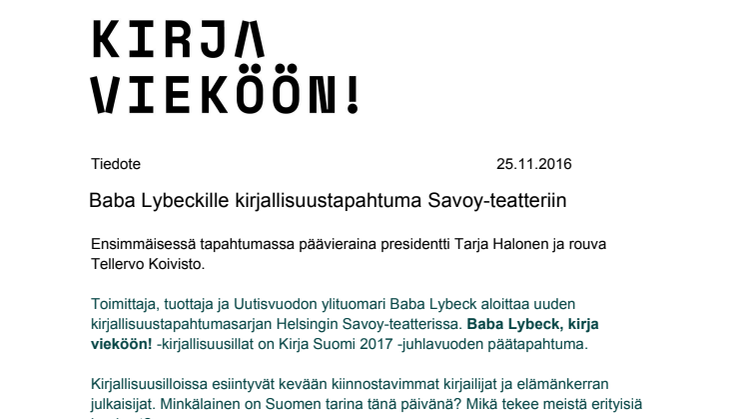 Baba Lybeckille kirjallisuustapahtuma Savoy-teatteriin