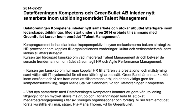 Dataföreningen Kompetens och GreenBullet AB inleder nytt samarbete inom utbildningsområdet Talent Management