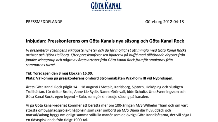 Inbjudan: Presskonferens om Göta Kanals nya säsong och Göta Kanal Rock 
