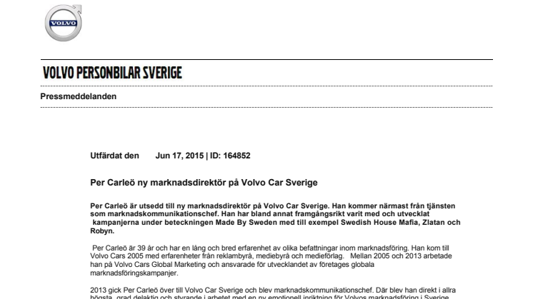 Per Carleö ny marknadsdirektör på Volvo Car Sverige