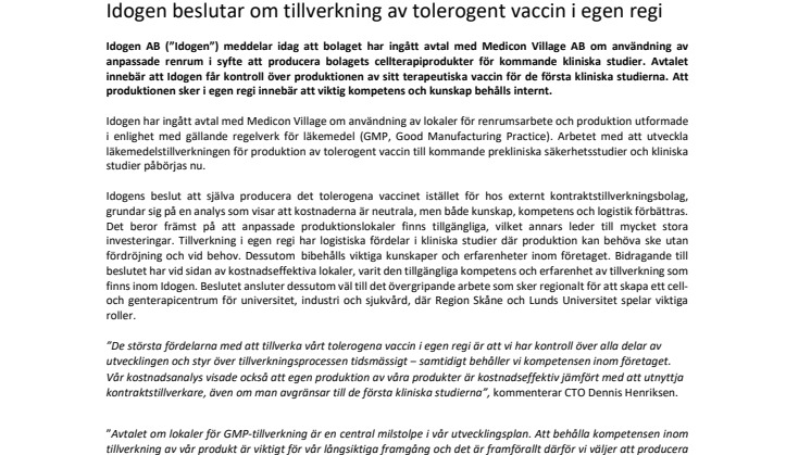 Idogen beslutar om tillverkning av tolerogent vaccin i egen regi 