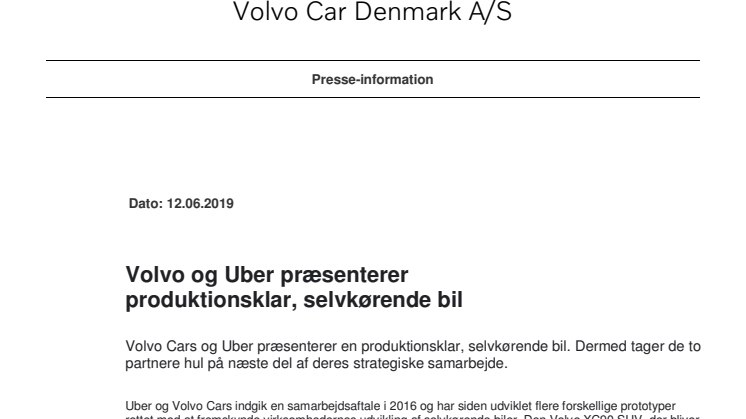 Volvo og Uber præsenterer  produktionsklar, selvkørende bil