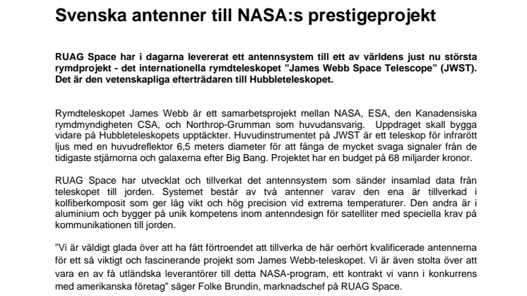Svenska antenner till NASA:s prestigeprojekt