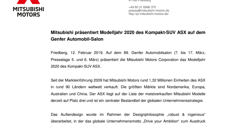 Mitsubishi präsentiert Modelljahr 2020 des Kompakt-SUV ASX auf dem Genfer Automobil-Salon