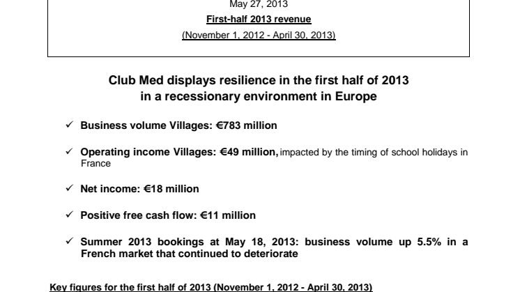 Club Med First-half 2013 revenue