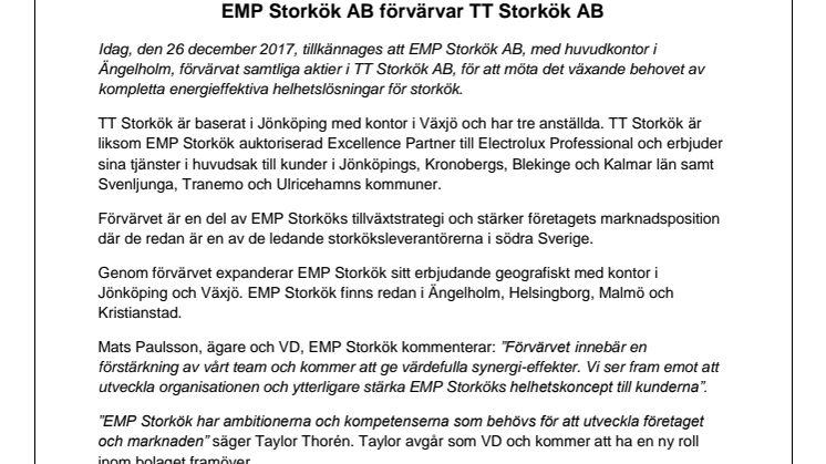 EMP Storkök AB förvärvar TT Storkök AB