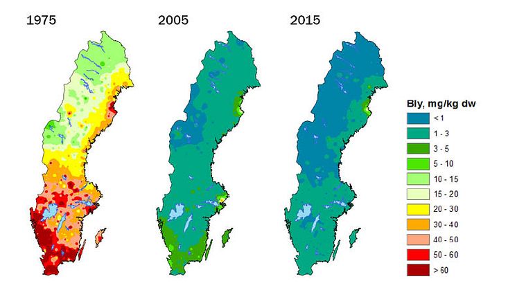 Koncentrationen av bly i mossa år 1975, samt 2005 och 2015 (mg/kg i torrvikt).