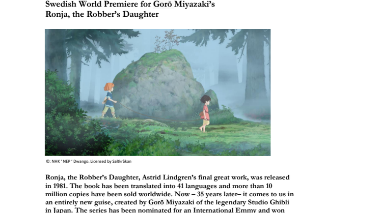 Swedish World Premiere for Gorō Miyazaki’s Ronja, the Robber’s Daughter