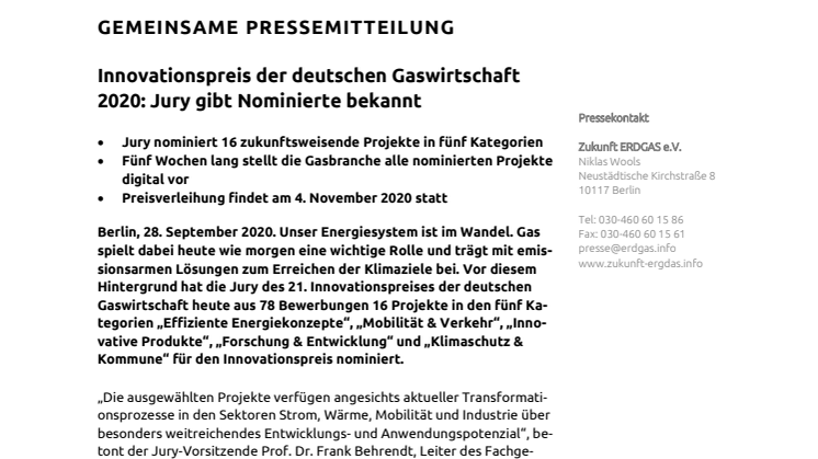 Innovationspreis der deutschen Gaswirtschaft 2020: Jury gibt Nominierte bekannt
