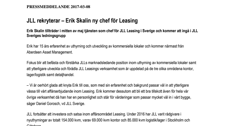 JLL rekryterar – Erik Skalin ny chef för Leasing