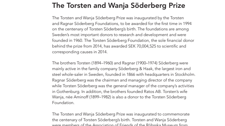 History The Torsten and Wanja Söderberg Prize.