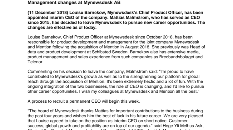 Endringer i ledelsen av Mynewsdesk AB