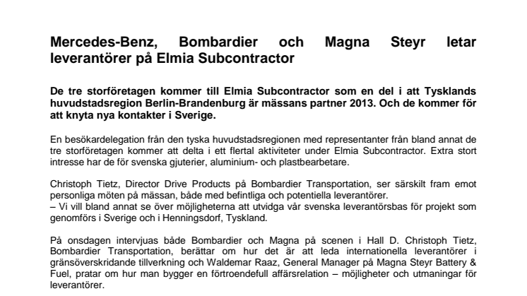 Mercedes-Benz, Bombardier och Magna Steyr letar leverantörer på Elmia Subcontractor 