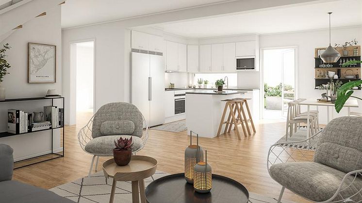 3D-illustration över kök/vardagsrum i Smart 150 - Ödåkra