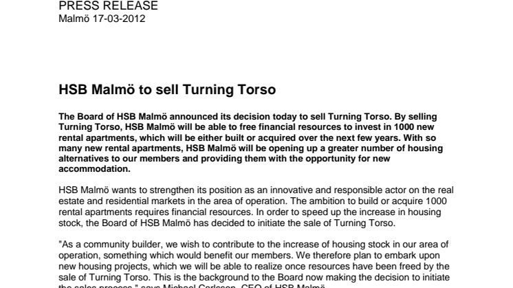 HSB Malmö säljer Turning Torso