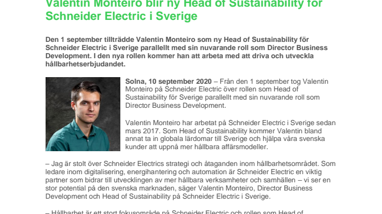 Valentin Monteiro blir ny Head of Sustainability för Schneider Electric i Sverige