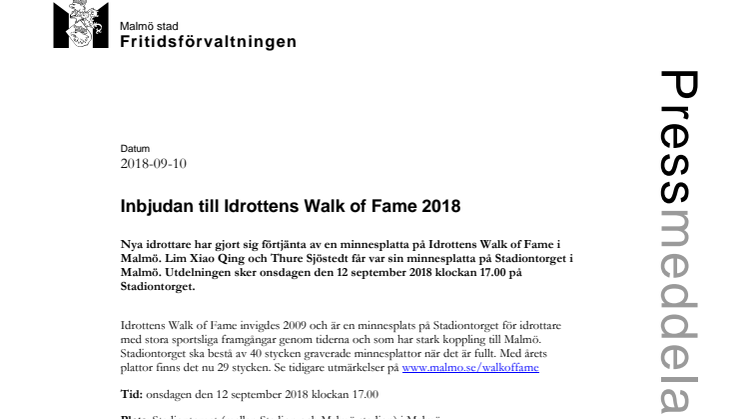 Inbjudan till Idrottens Walk of Fame 2018