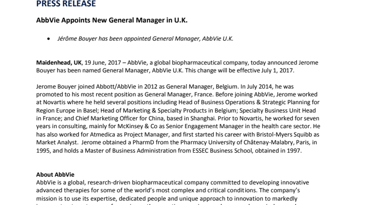 AbbVie Appoints New General Manager in U.K.