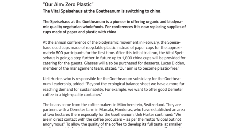 “Our Aim: Zero Plastic”. ​The Vital Speisehaus at the Goetheanum is switching to china