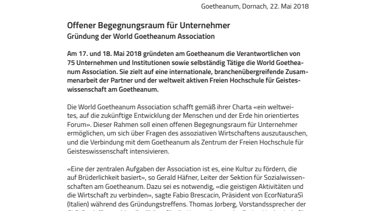 Offener Begegnungsraum für Unternehmer. ​Gründung der World Goetheanum Association