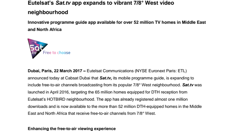 Eutelsat’s Sat.tv app expands to vibrant 7/8° West video neighbourhood