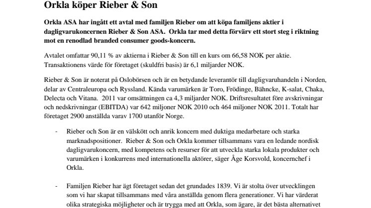 Orkla köper Rieber & Son