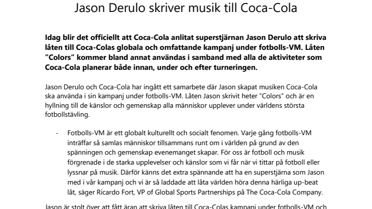 Jason Derulo skriver musik till Coca-Cola
