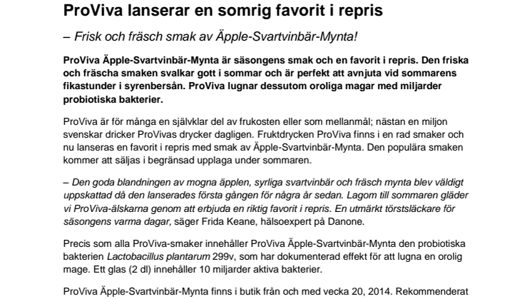 ProViva lanserar en somrig favorit i repris - Frisk och fräsch smak av Äpple-Svartvinbär-Mynta!