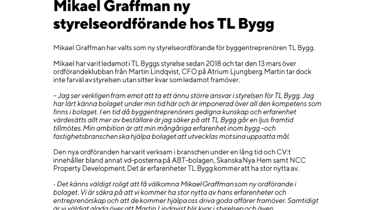 Mikael Graffman ny styrelseordförande hos TL Bygg