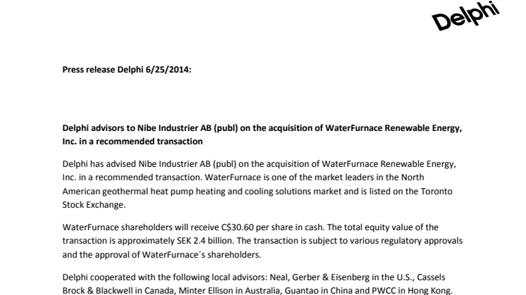 Delphi advisors to Nibe Industrier AB (publ) on the acquisition of WaterFurnace Renewable Energy, Inc. in a recommended transaction