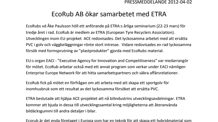 EcoRub: EcoRub AB ökar samarbetet med ETRA