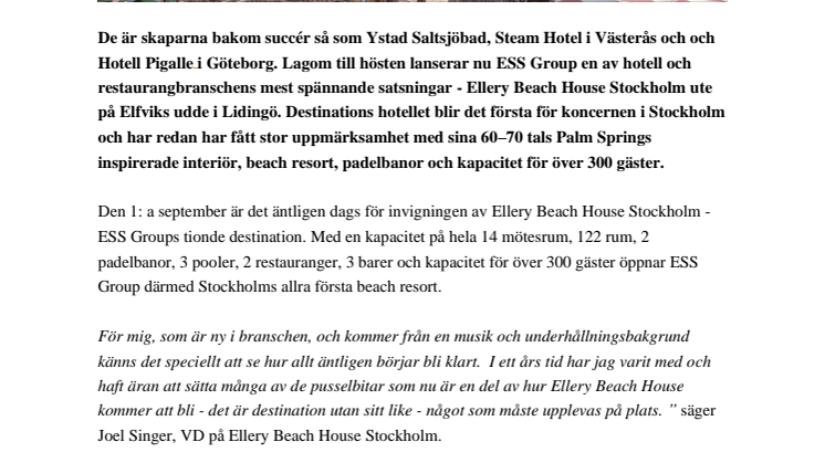 ESS GROUP väljer HOSS Agency som PR-byrå för Ellery Beach House Stockholm