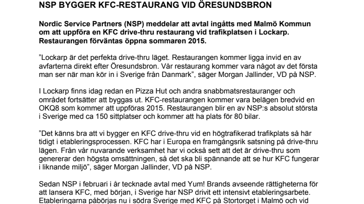 ​NSP BYGGER KFC-RESTAURANG VID ÖRESUNDSBRON