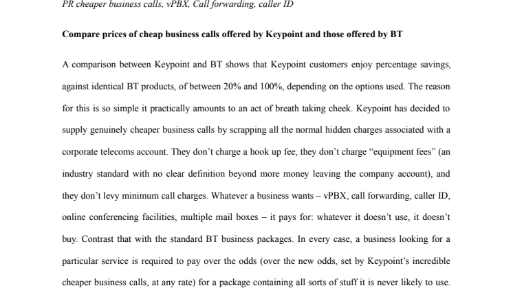 Compare prices of cheap business calls offered by Keypoint and those offered by BT
