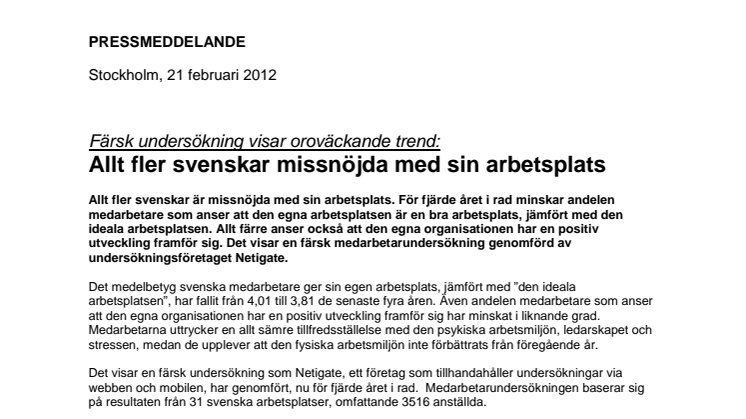 Netigates Medarbetarrapport 2011: Allt fler svenskar missnöjda med sin arbetsplats 