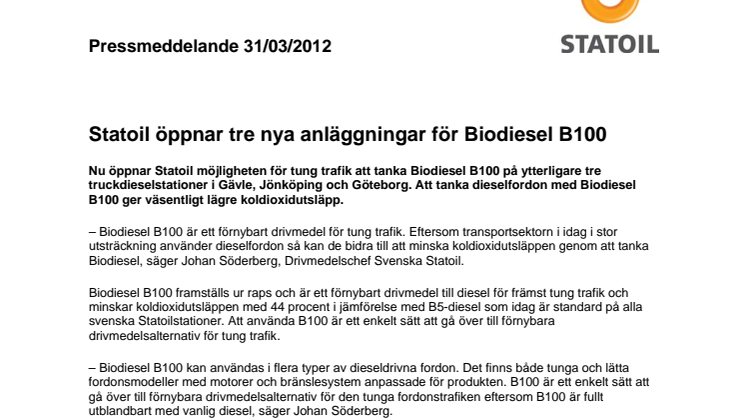 Statoil öppnar tre nya anläggningar för Biodiesel B100