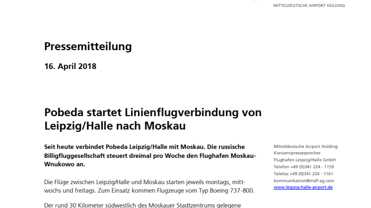 Pobeda startet Linienflugverbindung von Leipzig Halle nach Moskau