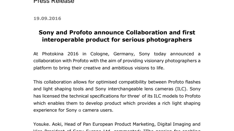 Sony och Profoto tillkännager samarbete och den första driftskompatibla produkten för seriösa fotografer 