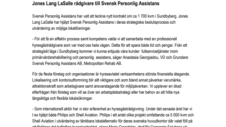 Jones Lang LaSalle rådgivare till Svensk Personlig Assistans 
