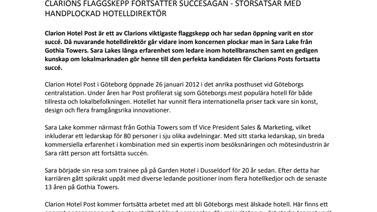 CLARIONS FLAGGSKEPP FORTSÄTTER SUCCÉSAGAN - STORSATSAR MED HANDPLOCKAD HOTELLDIREKTÖR