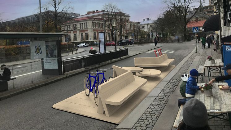 Här på Södra Larmgatan står nu denna prototyp av ny sorts gatumöbel. Illustration: LundbergDesign