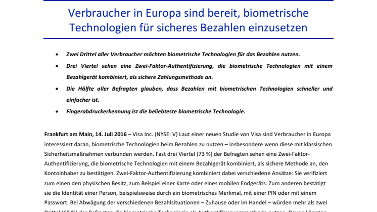 Verbraucher in Europa sind bereit, biometrische Technologien für sicheres Bezahlen einzusetzen