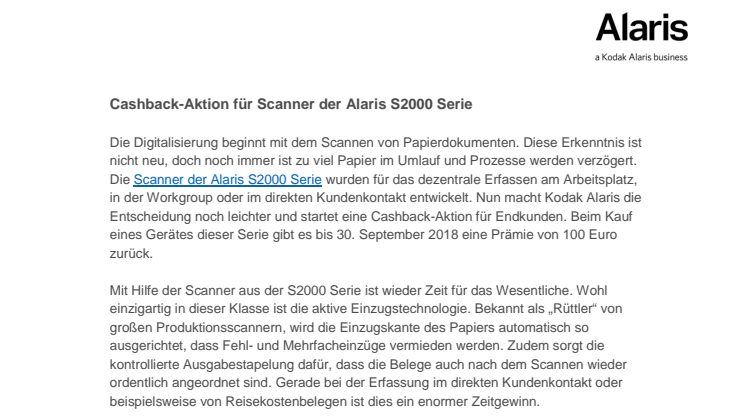 Cashback-Aktion für Scanner der Alaris S2000 Serie