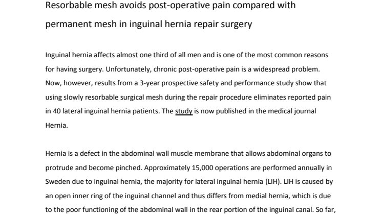 Resorbable mesh avoids post-operative pain compared with permanent mesh in inguinal hernia repair surgery
