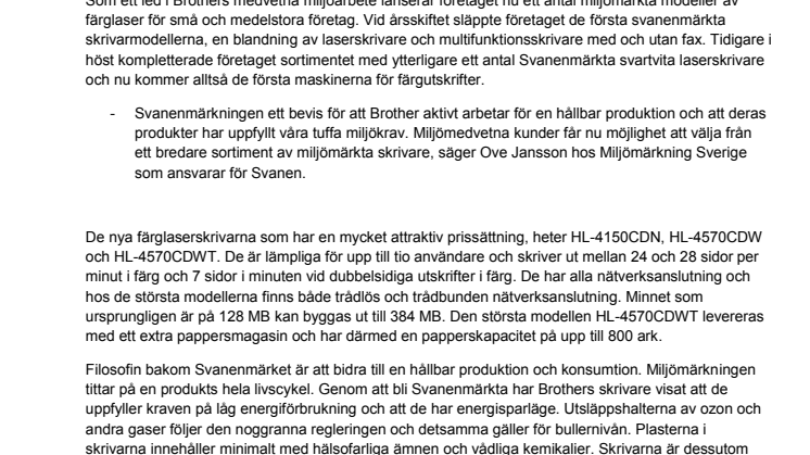 Brother International Sweden AB: Nya färglaserskrivare med Svanenmärkning från Brother 