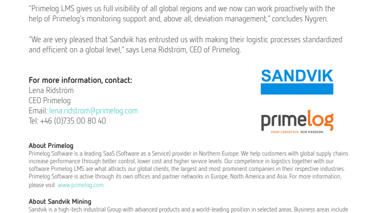 Sandvik continues to roll out primelog globally - for control and efficient logistics processes on a global level