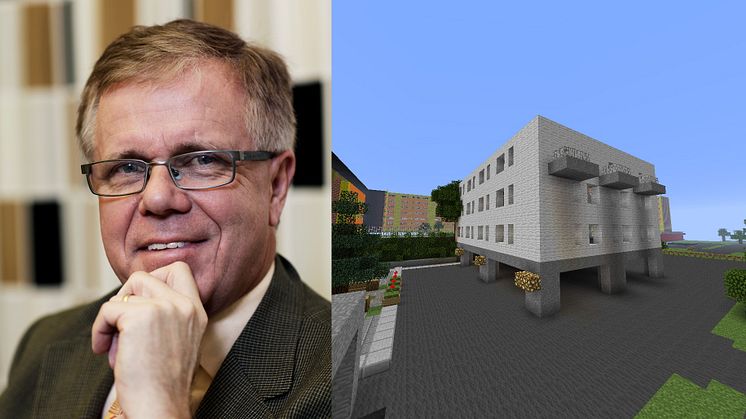 Erik Hellqvist, vd Svensk Byggtjänst och en Minecraftmodell över Fisksätra